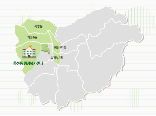 의정부1동, 의정부3동, 가능1동, 흥선동, 녹양동에 관한 지도 입니다.