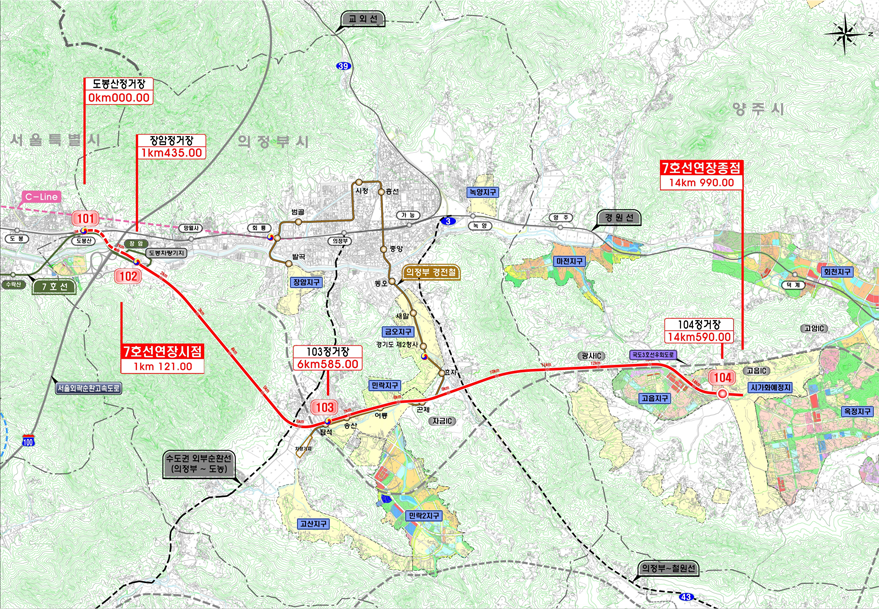 7호선 기존선을 활용하여, 도봉산에서 옥정지구까지(기존선 1.1km, 신설구간 13.8km 총14.99km) 이어지는 광역철도의 예비타당성조사 통과 노선 안이다.