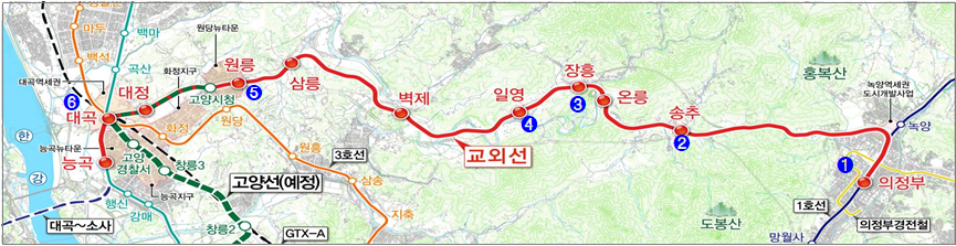 교외선 노선도 이미지(의정부역 ~ 송추역 ~ 장흥역 ~ 일영역 ~ 원릉역 ~ 대곡역, 30.3km)