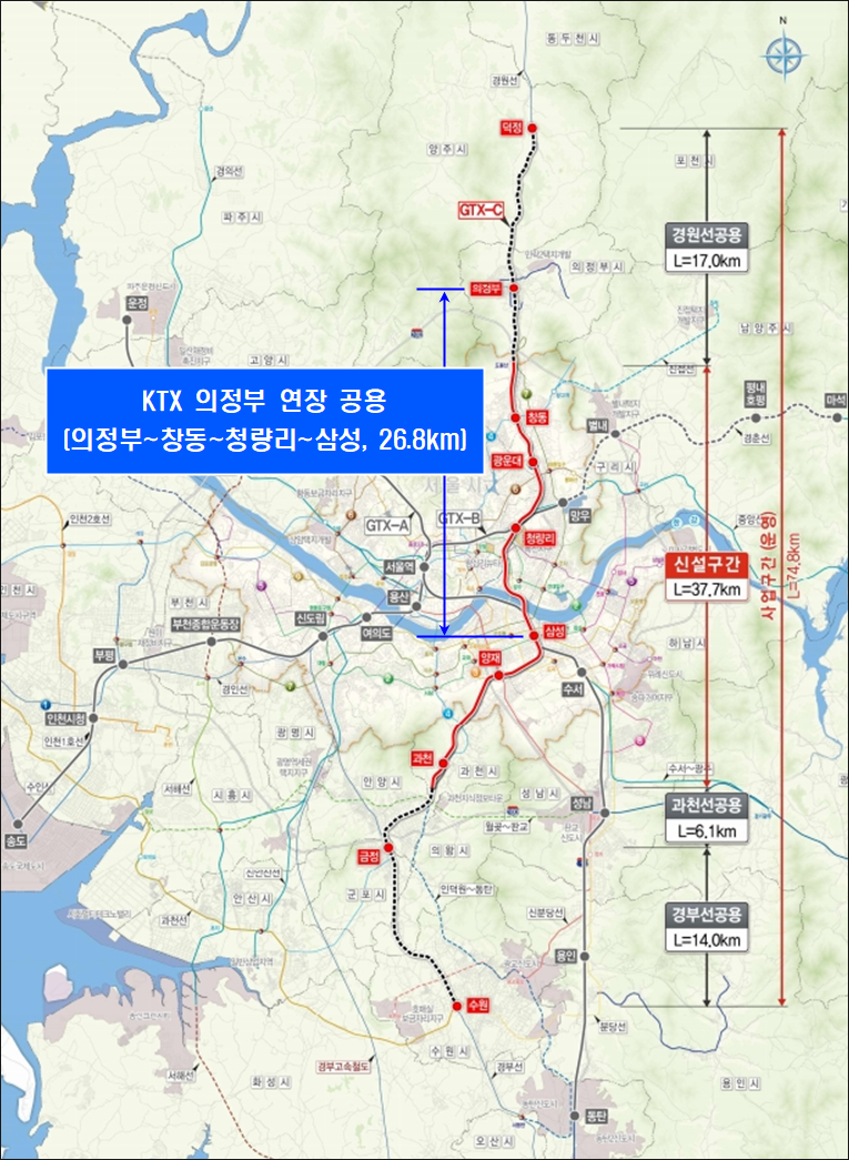 수도권광역급행철도 C노선도 이미지- KTX 의정부 연장 공용(의정부~창동~청량리~삼성, 26.8km)