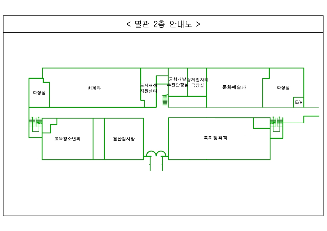 왼쪽 위쪽부터 시계방향으로 화장실, 회계과, 도시재생지원센터, 균형개발 추진단장실, 경제일자리국장실, 투자사업과, 화장실, E/V, 균형개발과, 기획예산과 법무규제개혁팀, 기획예산과 교류협력팀, 공시지가실, 결산검사장, 교육청소년과가 있습니다.