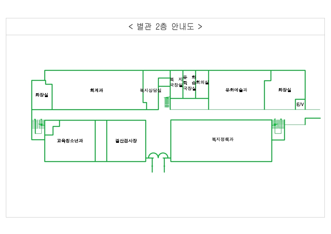 왼쪽 위쪽부터 시계방향으로 화장실, 회계과, 도시재생지원센터, 균형개발 추진단장실, 경제일자리국장실, 투자사업과, 화장실, E/V, 균형개발과, 기획예산과 법무규제개혁팀, 기획예산과 교류협력팀, 공시지가실, 결산검사장, 교육청소년과가 있습니다.