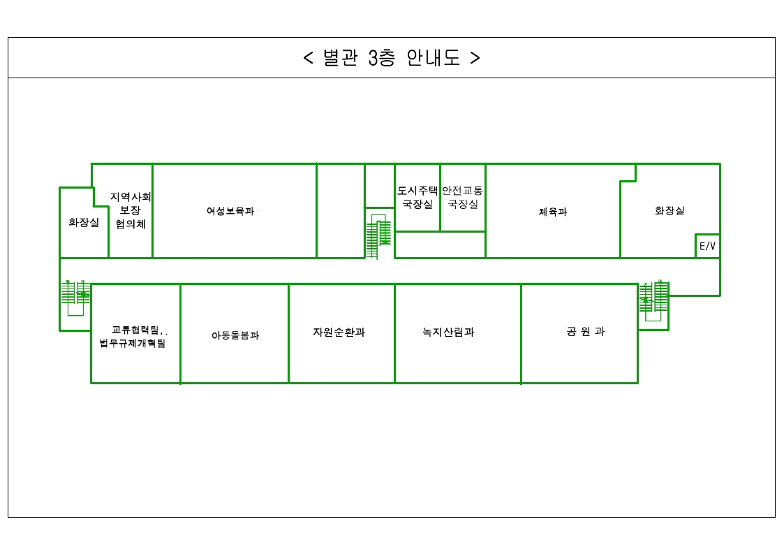 왼쪽 위쪽부터 시계방향으로 화장실, 지역사회보장협의체, 기업경제과, 도시주택국장실, 안전교통국장실, 도시재생과, 화장실, E/V, 공원과, 녹지산림과, 자원순환과, 청년정책과, 일자리정책과 있습니다.