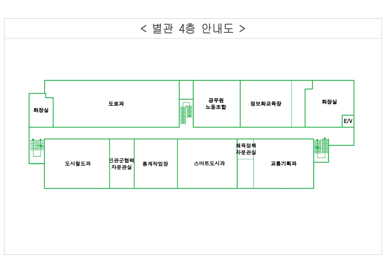 왼쪽 위쪽부터 시계방향으로 화장실, 도로과, 공무원노동조합, 정보화교육장, 화장실, E/V, 도시철도과, 민관군협력자문관실, 통계작업장, 스마트도시과, 체육정책자문관실, 교통기획과가 있습니다.