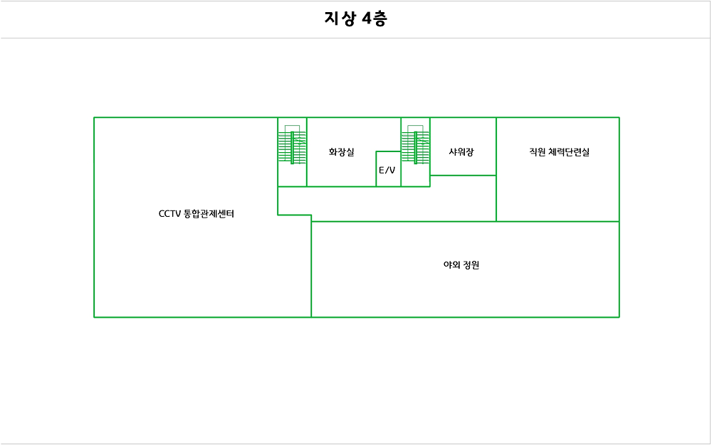 왼쪽부터 시계방향으로 CCTV통합관제센터, 화장실, E/V, 샤워장, 체력단련실, 야외정원이 있습니다.