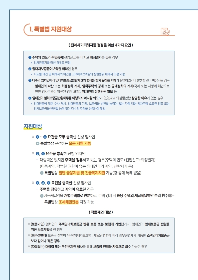 특별법 지원대상: 1. 주택의 인도와 주민등록을 마치고 확정일자를 갖춘 경우, 2. 임대차보증금이 3억원 이하인 경우, 3. 다수의 임차인에게 임대차보증금반환채권의 변제를 받지 못하는 피해가 발생하였거나 발생할 것이 예사오디는 경우, 4. 임대인이 임차보증금반환채무를 이행하지 아니할의도가 있었다고 의심할만한 상당한 이유가 있는 경우, 지원대상: 1~4 요건을 모두 충족한 신청 임차인, 2, 4 요건을 충족한 신청 임차인, 1,3,4 요건을 충족한 신청 임차인